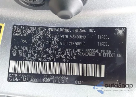 2019 Toyota Highlander Xle из США, поврежденный, VIN 5TDJZRFHXKS572804